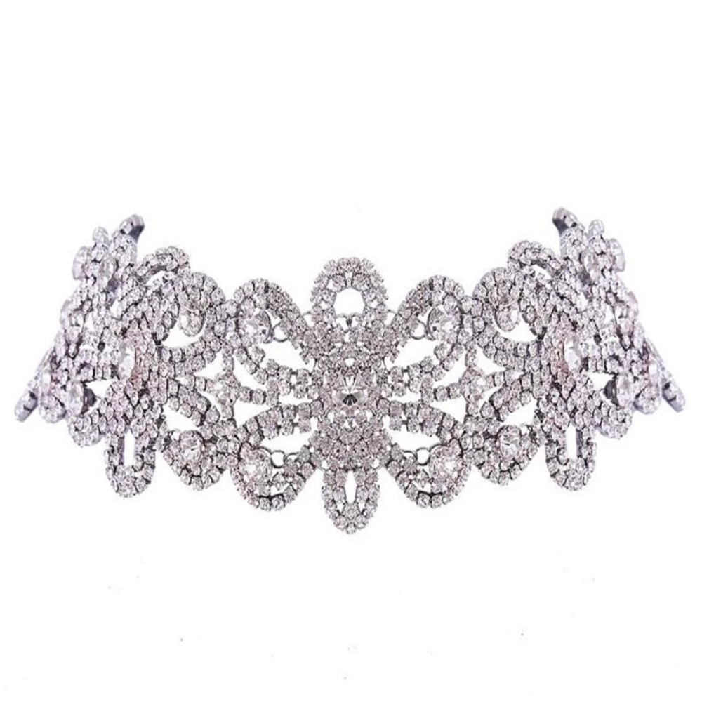 Silver Tone Crystal Flower Choker Necklace